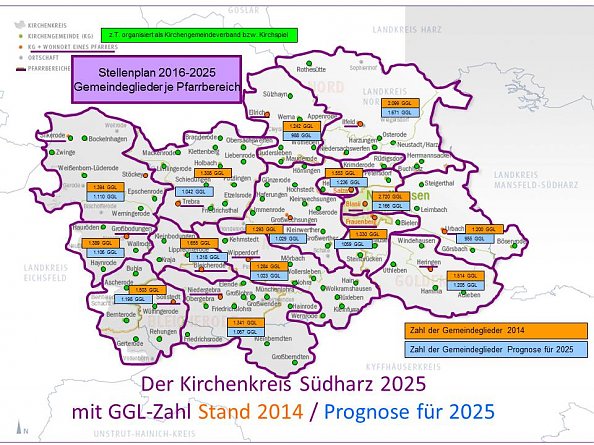 Karte des Kirchenkreises mit prognostizierten Gemeindeglieder-Zahlen (Foto: Ev. Kirchenkreis Südharz)