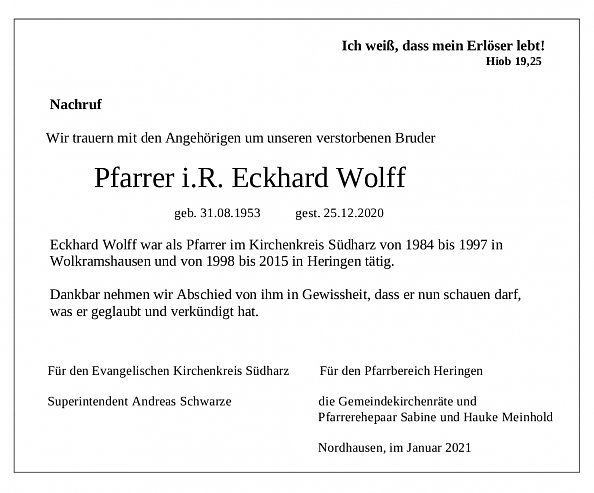 Traueranzeige f&uuml;r Pfarrer Eckhard Wolff  (Foto: KKS)